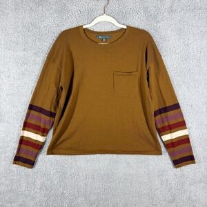 Title Nine Synergy Crew Neck Sweater Sleeve Stripe Size M Brown Fall Knit Pocket